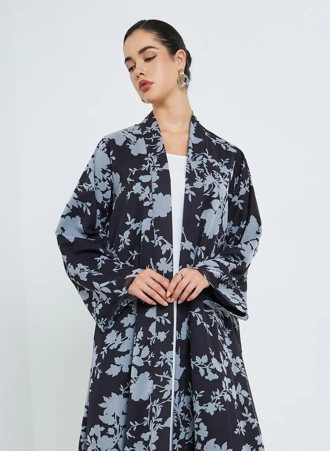 Amirah Women Black Floral Print Chiffon Abaya